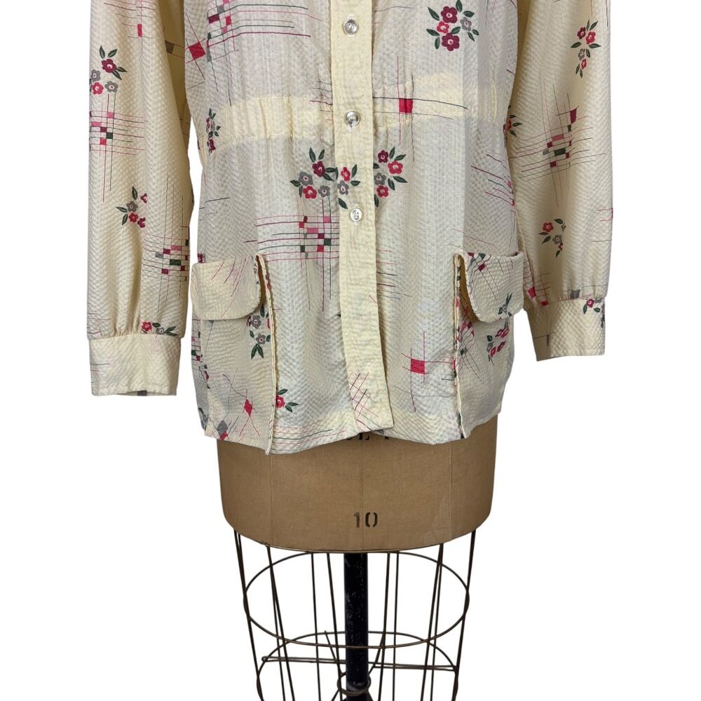 Vintage 70s Floral Shirt Womens Large Geometric Textured Long Sleeve Top - Picture 7 of 10